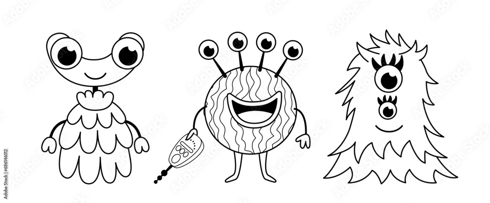 Obraz premium Space monsters and aliens. Coloring page. Black and white ufo. Vector