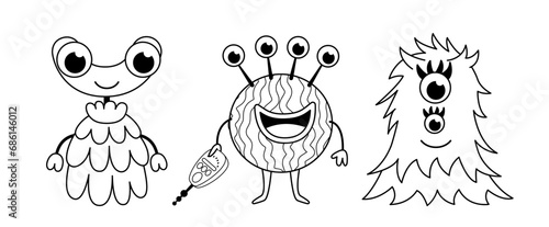 Space monsters and aliens. Coloring page. Black and white ufo. Vector