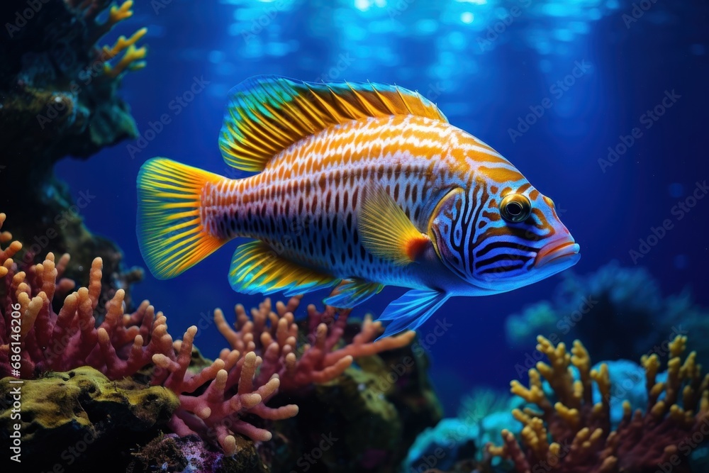a close up of a fish in an aquarium with corals and other corals on the bottom of the water. a close up of a fish in an aquarium with corals and other corals on the bottom of the water.
