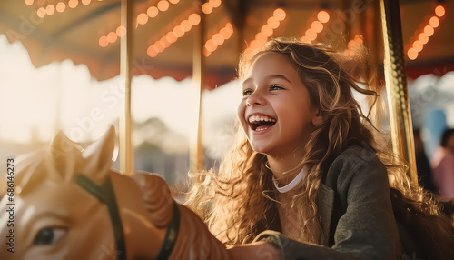 Happy and smiling young blonde girl on a merry-go-round  concept carnival
