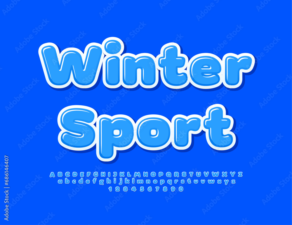 Vector artistic sign Winter Sport. Blue Glossy Font. Modern Alphabet Letters and Numbers set