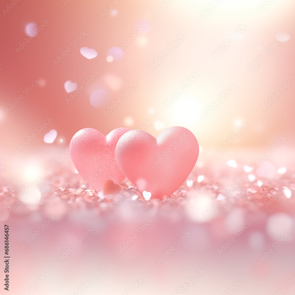 Valentine's Day concept. Two pink hearts bright colors of love on a sweet bokeh background with soft sparkles. Generative ai