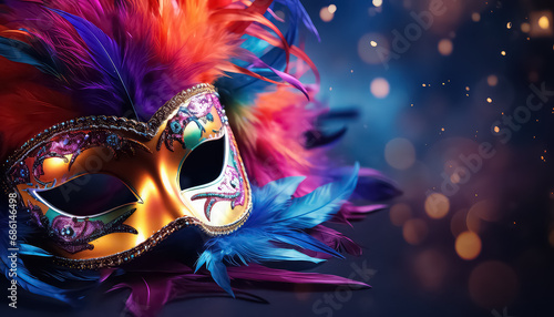 Mask with feathers on purple background ,concept carnival