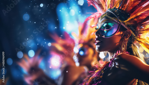 African woman with makeup and feathers on her head at night party ,concept carnival photo