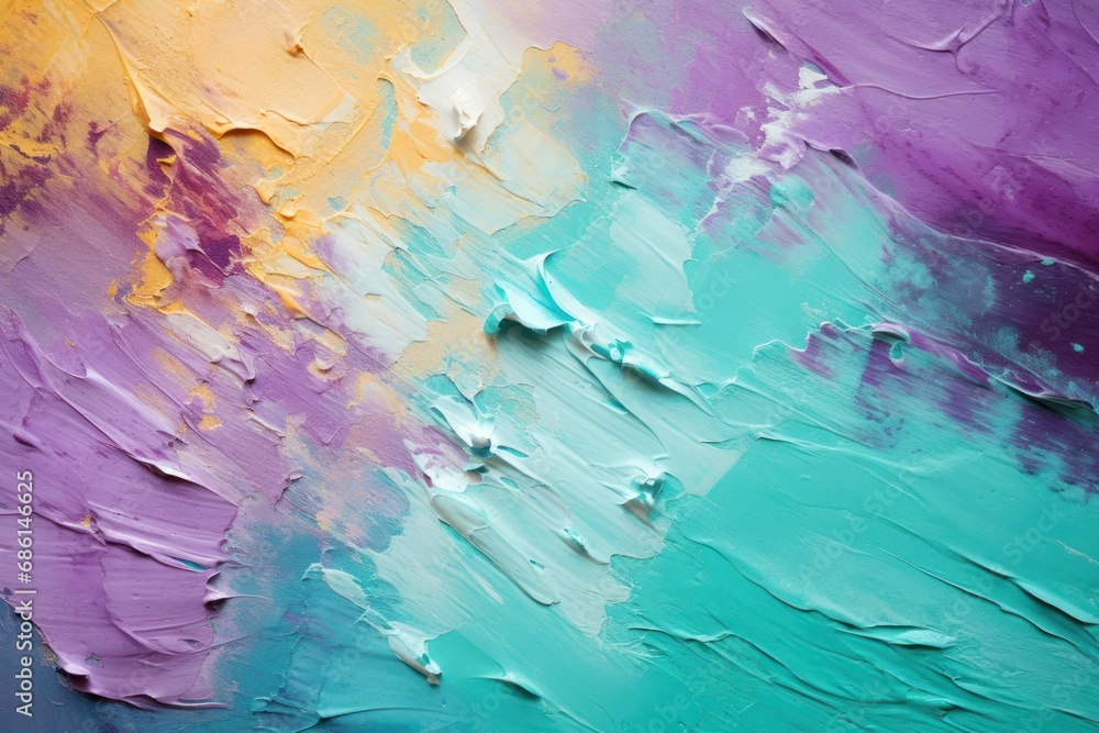 an abstract painting of blue, purple, yellow, and green with streaks of paint on the bottom of it.