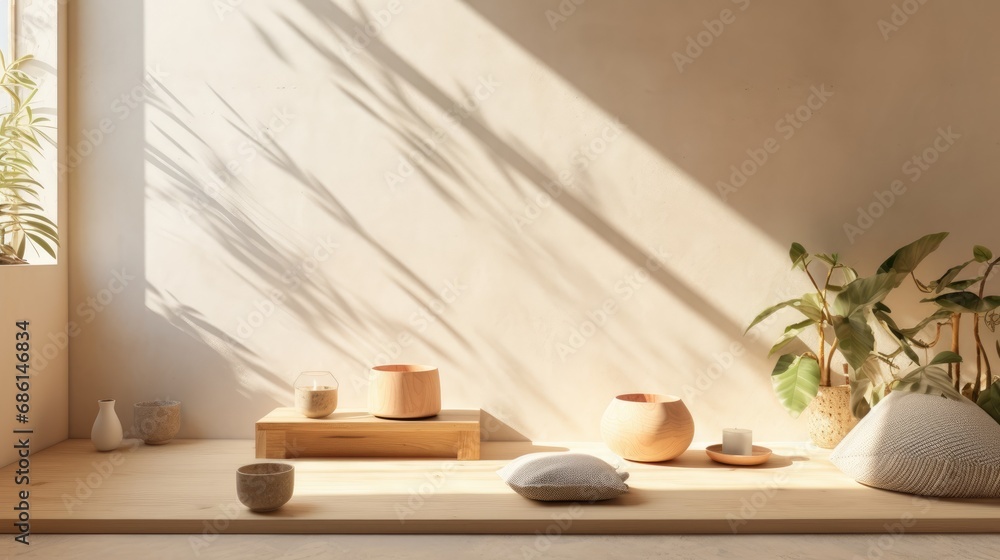 Minimalist Zen corner with natural sunlight casting shadows on a warm beige wall, accompanied by wooden bowls, a candle, and green potted plants. Minimalist Zen corner with natural sunlight casting shadows on a warm beige wall, accompanied by wooden bowls, a candle, and green potted plants.