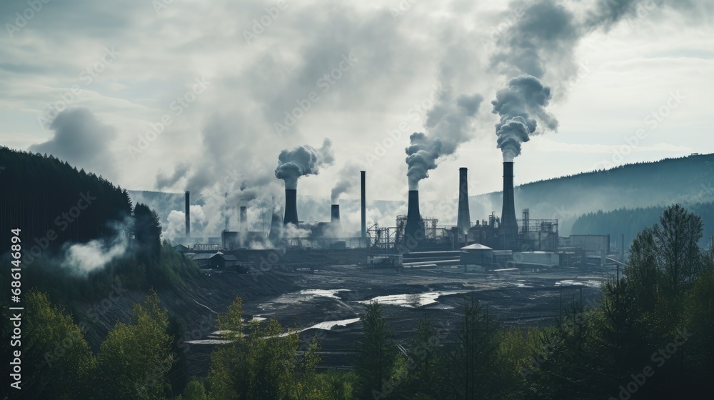 Industrial landscape with smokestacks emitting smoke against a forest backdrop, under an overcast sky, symbolizing environmental pollution.