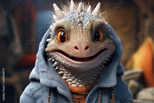  a close up of a lizard wearing a blue jacket and hoodie with a smile on it s face.