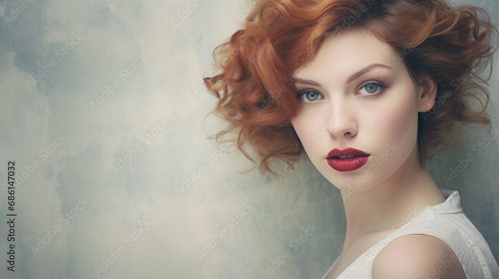 An evocative portrait of a woman with voluminous auburn curls and deep red lips, her enigmatic blue eyes capturing the viewer's attention, set against a textured grey background for a classic. An evocative portrait of a woman with voluminous auburn curls and deep red lips, her enigmatic blue eyes capturing the viewer's attention, set against a textured grey background for a classic.