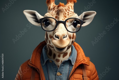  a giraffe with glasses on it's head and a jacket on it's shoulders, wearing a jacket and glasses.