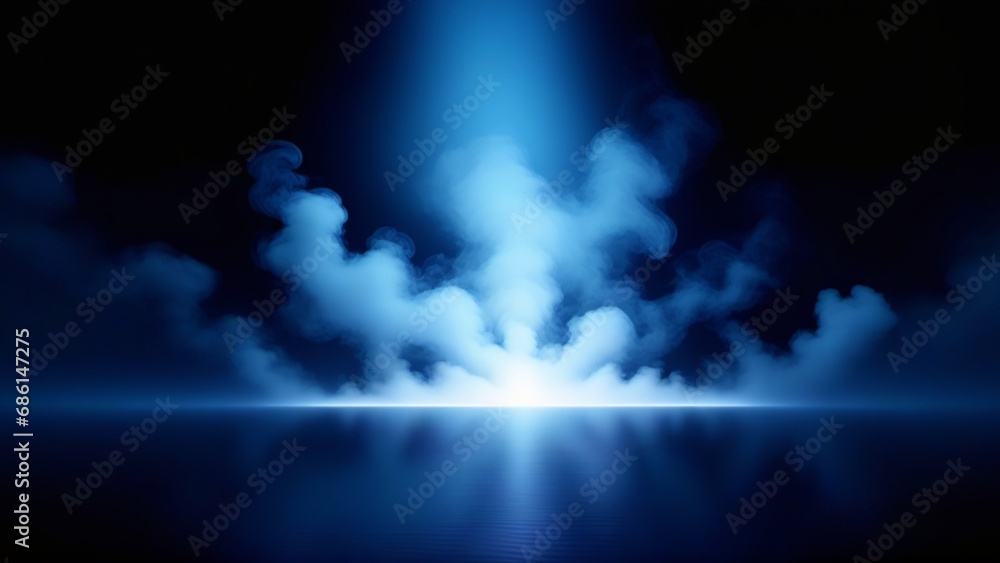 Empty dark blue scene background with neon light and soft smoke