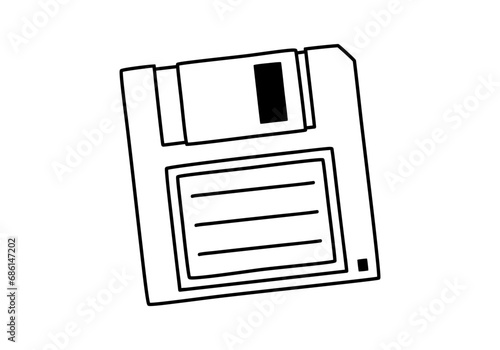 Hand drawn cute outline illustration of retro diskette. Flat vector old floppy disk sticker in simple line art doodle style. Disk for storing data icon or print. Save concept. Isolated.