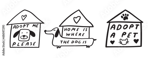 Set of hand drawn badges about pets adoption. Vector illustrations on white background.