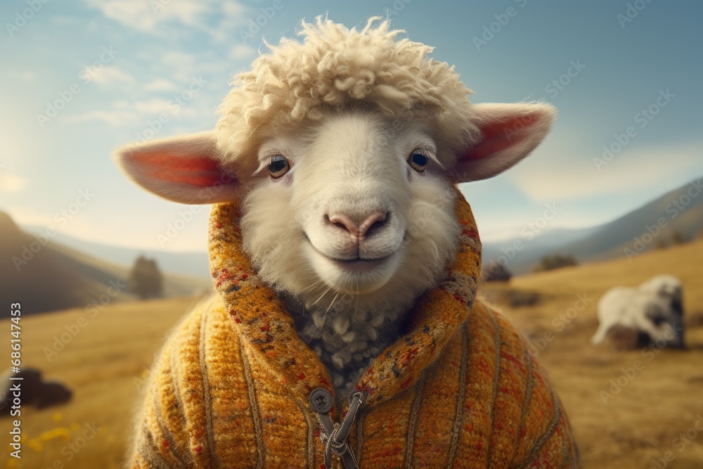 a close up of a sheep wearing a sweater in a field with sheep grazing in the distance in the background. a close up of a sheep wearing a sweater in a field with sheep grazing in the distance in the background.