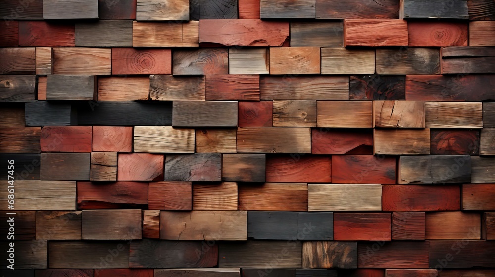 Rustic Elegance: A Tapestry of Richly Hued Wooden Blocks in a Multicolored Wall Design Rustic Elegance: A Tapestry of Richly Hued Wooden Blocks in a Multicolored Wall Design