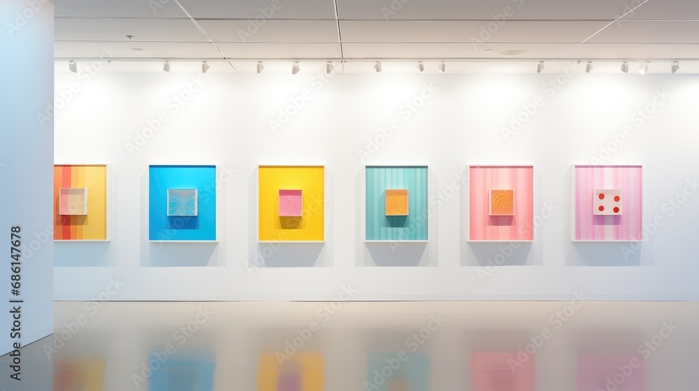 Modern art gallery with brightly lit white space showcasing a series of colorful geometric paintings on individual backlit alcoves. Modern art gallery with brightly lit white space showcasing a series of colorful geometric paintings on individual backlit alcoves.