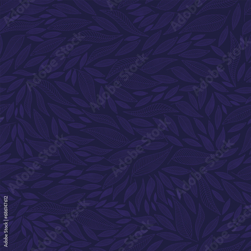 Vector illustration. Seamless pattern of leaves on a dark blue background. Print for textiles, for packaging, product design. © Viktoriia Pushenko
