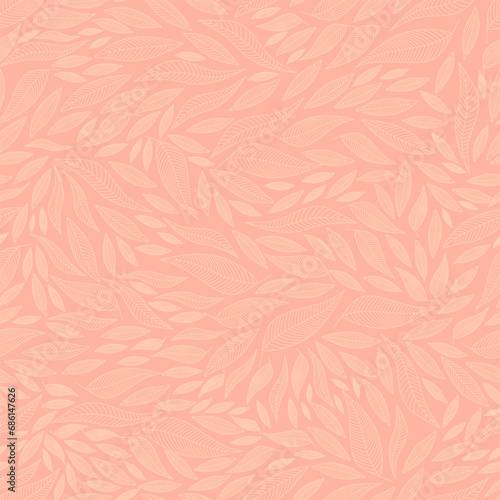 Vector illustration. Seamless pattern of leaves on a pink, peach background. Print for textiles, for packaging, product design.