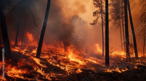 Forest engulfed by intense flames and smoke, with towering trees and underbrush alight, emphasizing the urgency of combating wildfires.