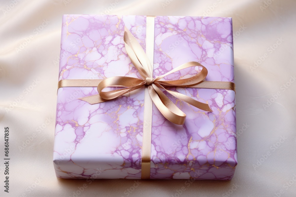a gift wrapped in pink marble paper with a gold ribbon and a bow on a white sheet with a satin bow. a gift wrapped in pink marble paper with a gold ribbon and a bow on a white sheet with a satin bow.