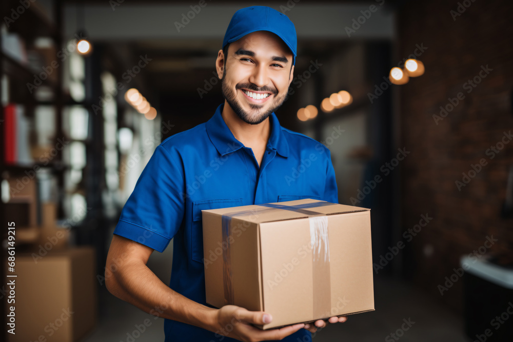 Delivery courier service. Professional delivery man in blue uniform and cap holding a cardboard box delivering to customer office. Smiling man postal delivery man delivering a package. Generative AI. Delivery courier service. Professional delivery man in blue uniform and cap holding a cardboard box delivering to customer office. Smiling man postal delivery man delivering a package. Generative AI.