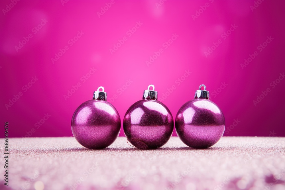 a group of three shiny purple ornaments on top of a white table next to a bright pink and purple background. a group of three shiny purple ornaments on top of a white table next to a bright pink and purple background.