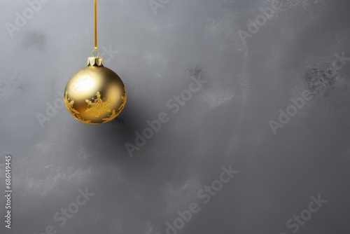  a gold christmas ornament hanging from a string on a gray wall with a yellow cord hanging from the end of the ornament.