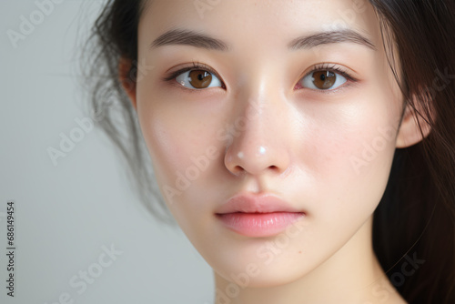 A partially fresh, freckled Asian female visage gazes towards the camera, against a white backdrop with copious space.