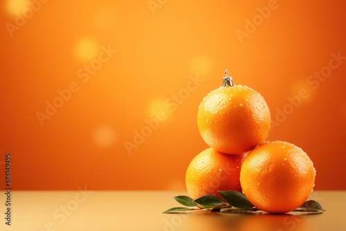  a group of three oranges sitting on top of each other on top of a table next to an orange wall.