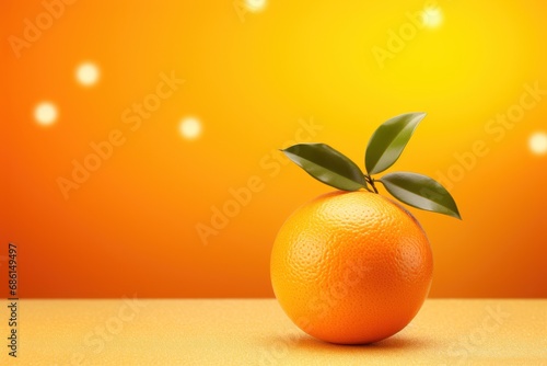  an orange with a leaf sticking out of it's top on a table in front of an orange background.