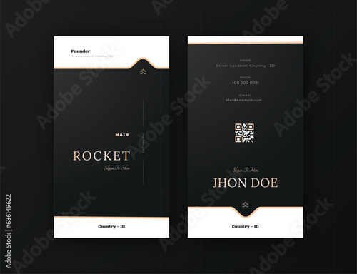 Vector elegant, luxury vertical business card editable template, professional black white and gold card name  with qr code