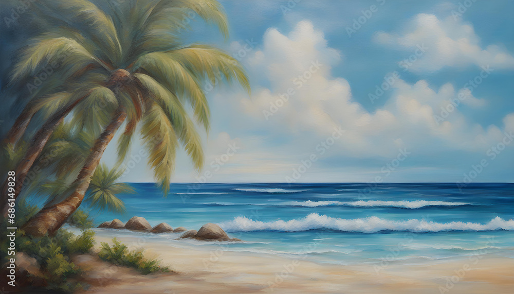 Beautiful, blue, tropical sea and beach. Original oil painting on canvas.