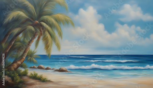 Beautiful, blue, tropical sea and beach. Original oil painting on canvas.