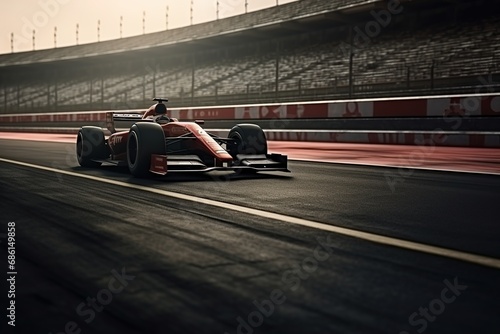 Asphalt of an international race track with a racing car at the start. Racer on a racing car passes the track. photo