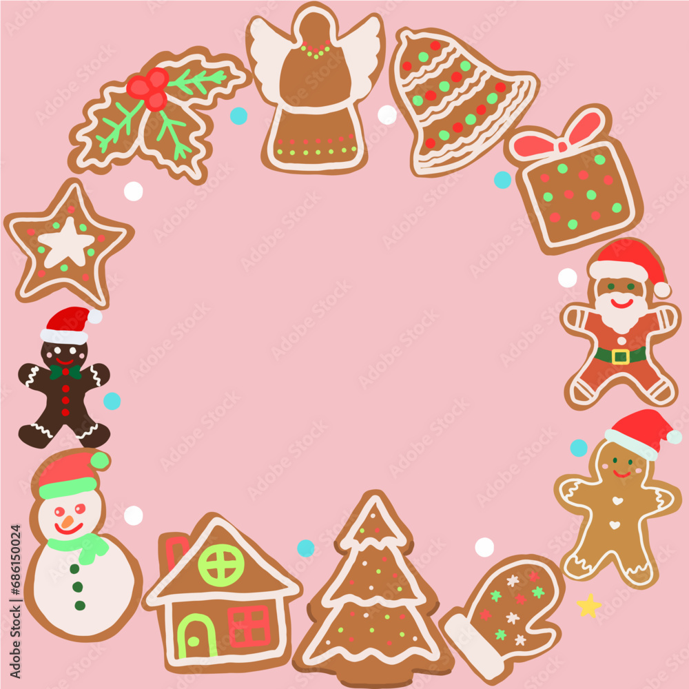 set of christmas elements, christmas gingerbread frame on pink background