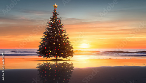 Festively decorated Christmas tree on the beach on New Year s Eve or Christmas