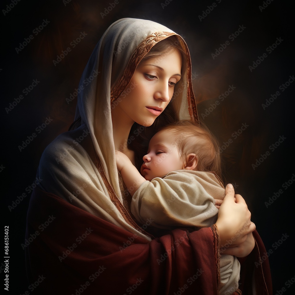 Holy Mary holding baby Jesus Christ in her arms.