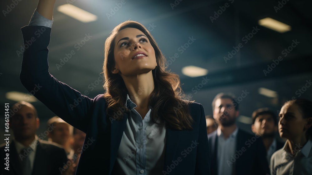 Image of a businesswoman raising her hand at a conference. Image of a businesswoman raising her hand at a conference.