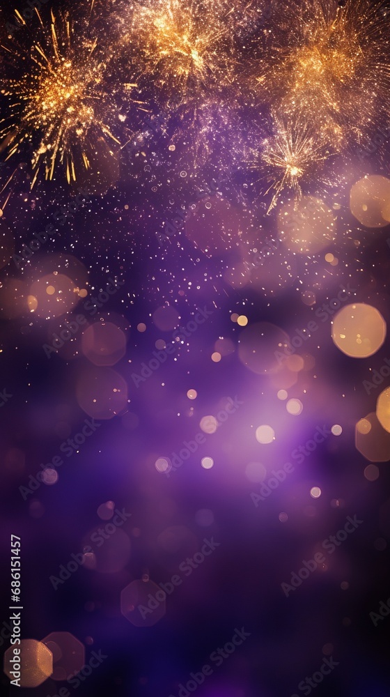 Gold and dark violet Fireworks and bokeh in New Year eve and copy space.