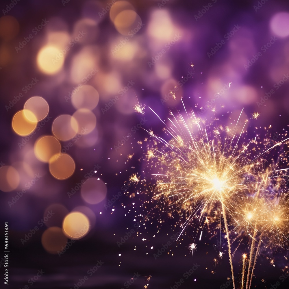 Gold and dark violet Fireworks and bokeh in New Year eve and copy space. Gold and dark violet Fireworks and bokeh in New Year eve and copy space.