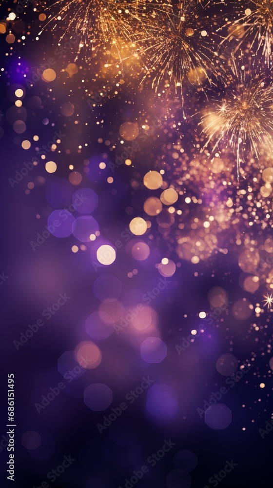 Gold and dark violet Fireworks and bokeh in New Year eve and copy space. Gold and dark violet Fireworks and bokeh in New Year eve and copy space.