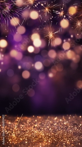 Gold and dark violet Fireworks and bokeh in New Year eve and copy space.