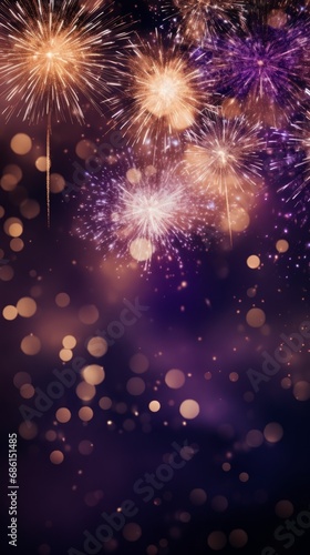 Gold and dark violet Fireworks and bokeh in New Year eve and copy space.