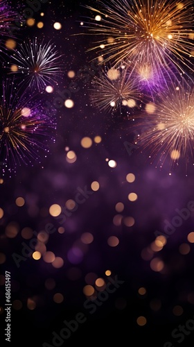 Gold and dark violet Fireworks and bokeh in New Year eve and copy space. © Tom