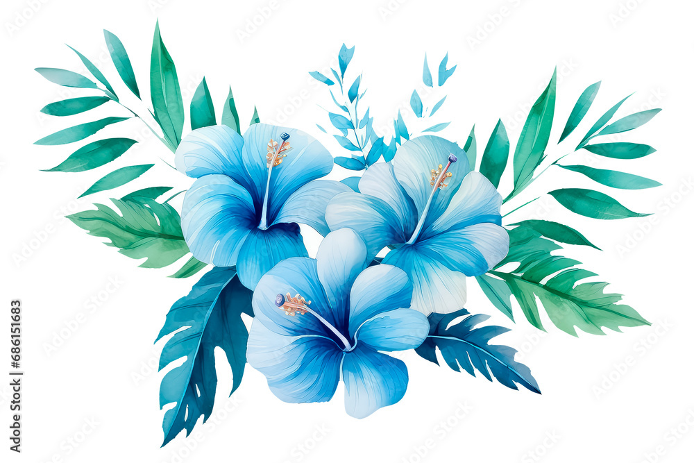Tropical plants in blue, Christmas and New Year theme in watercolor style on white background