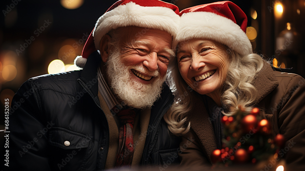 Happy elderly couple wearing christmas hat.
