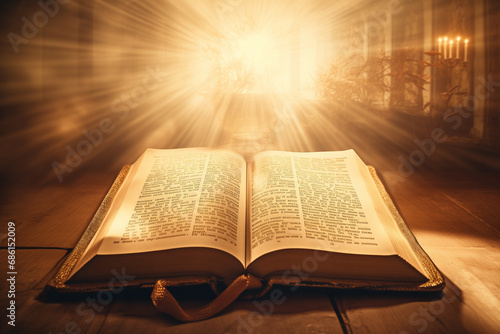 Holy Bible with candle on sunny blurred background. Abstract antique magic open book. Religious belief, faith and worship. Religion concept