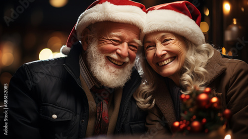 Happy elderly couple wearing christmas hat. © andranik123