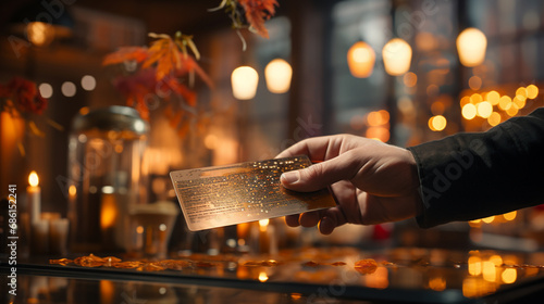 Human hand using gold credit card to pay at store.