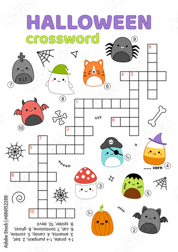 Halloween crossword. English words. Educational puzzle game for kids. Cartoon, vector